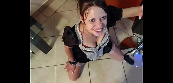  French maid gets piss in her face and cleans it